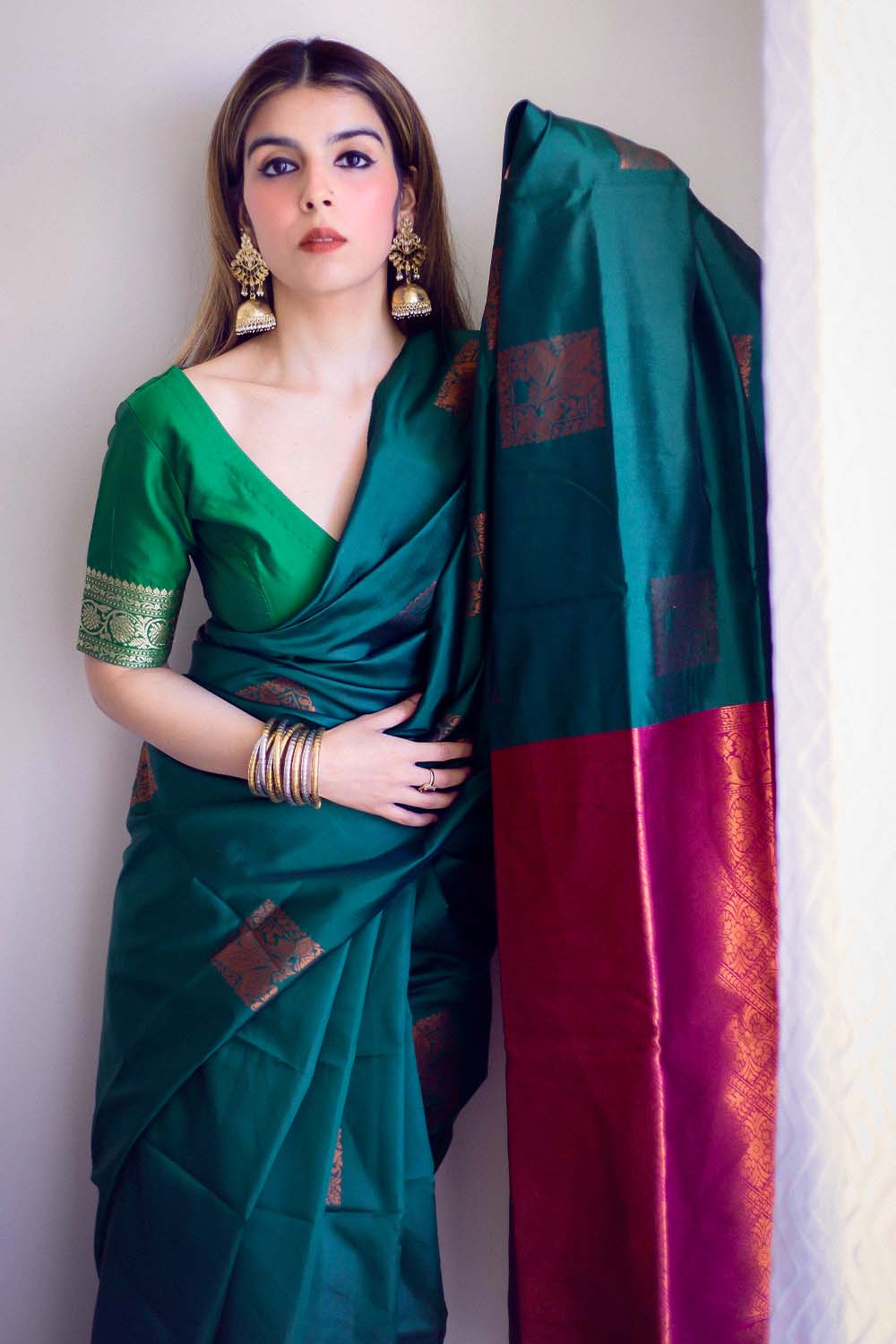 Banares I Banarasi Silk Saree I Dark Green - Image 2