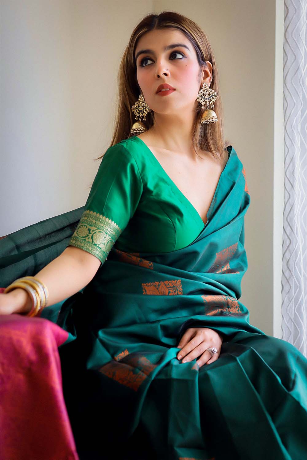 Banares I Banarasi Silk Saree I Dark Green - Image 3