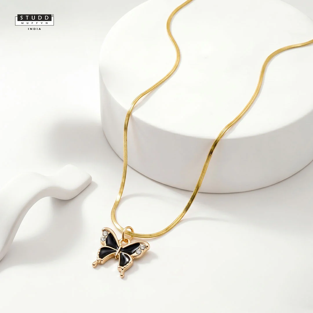 Black Butterfly Pendant - 24k Gold Plated [ With Chain ]