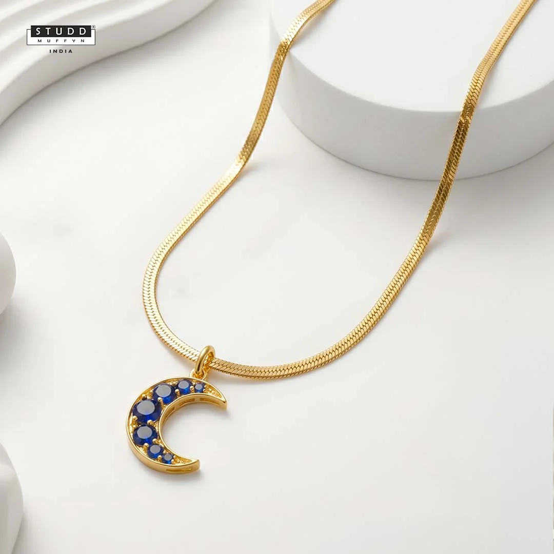 Blue Quartz Crescent Pendant [ With Chain ]