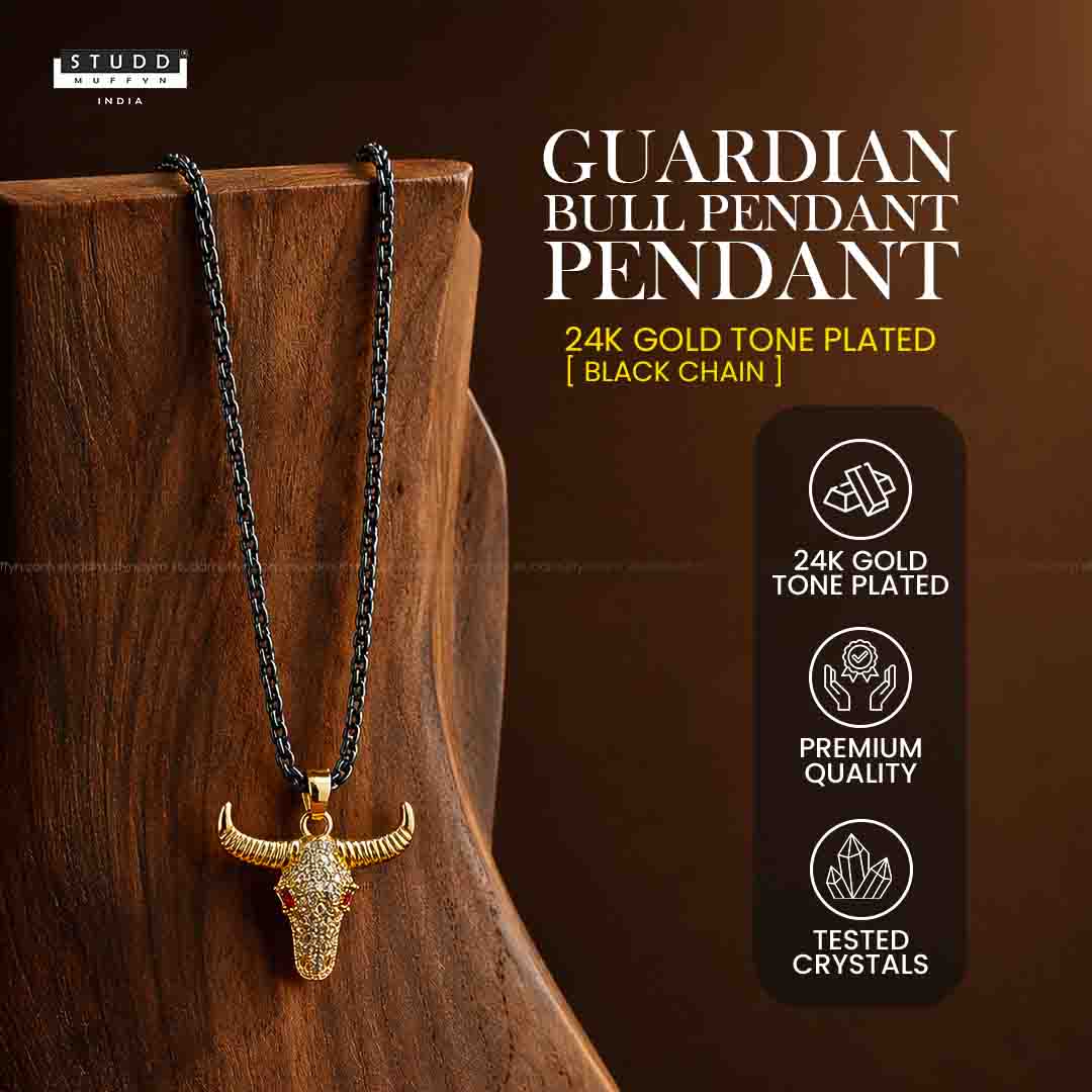 Guardian Bull Pendant - 24k Gold Tone Plated [ Black Chain ] - Image 3