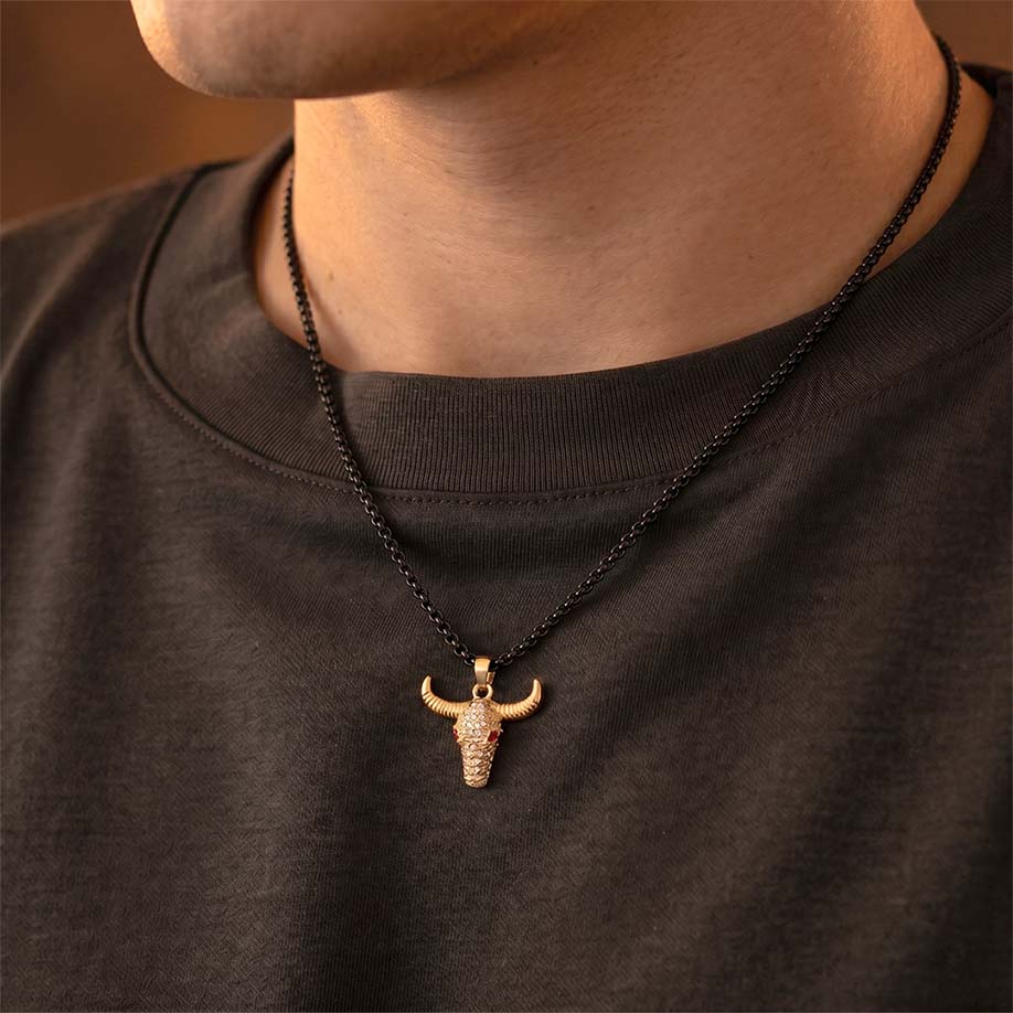 Guardian Bull Pendant - 24k Gold Tone Plated [ Black Chain ] - Image 8