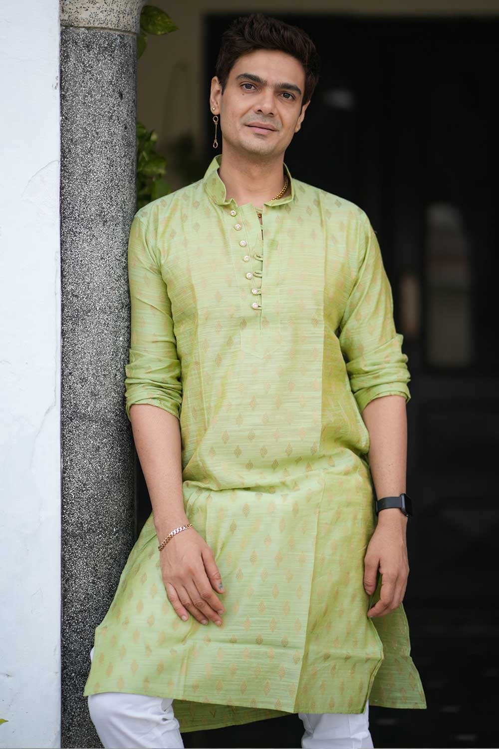 Chanderi Silk Lime Green Kurta - Image 3