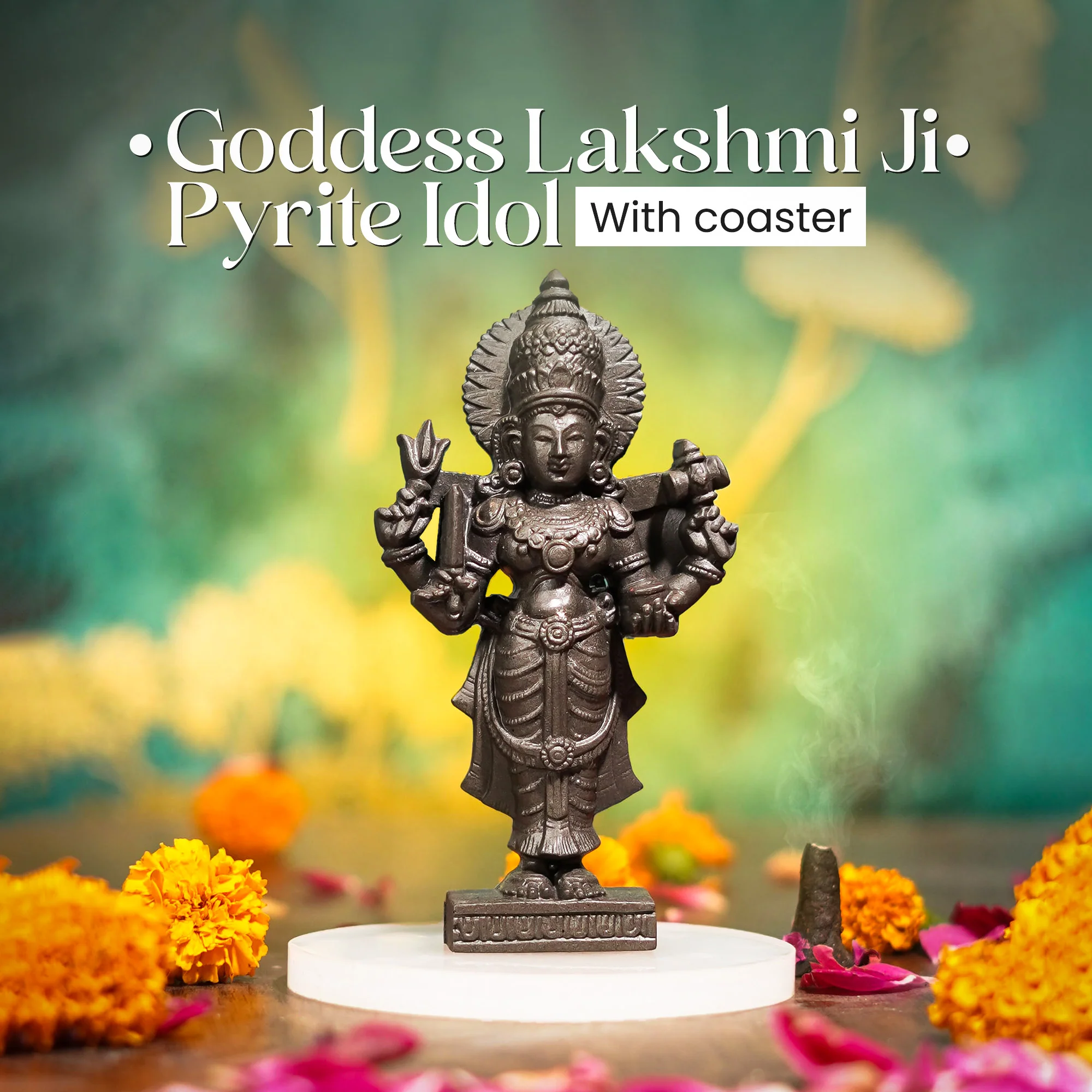Goddess Lakshmi Ji Pyrite Idol With coaster