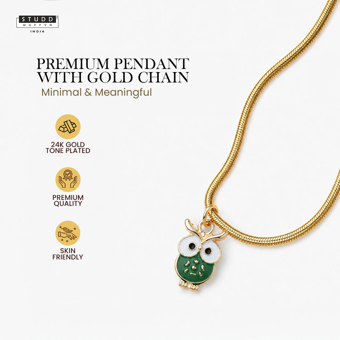 Green Owl Pendant - 24k Gold Plated [ With Chain ] - Image 2