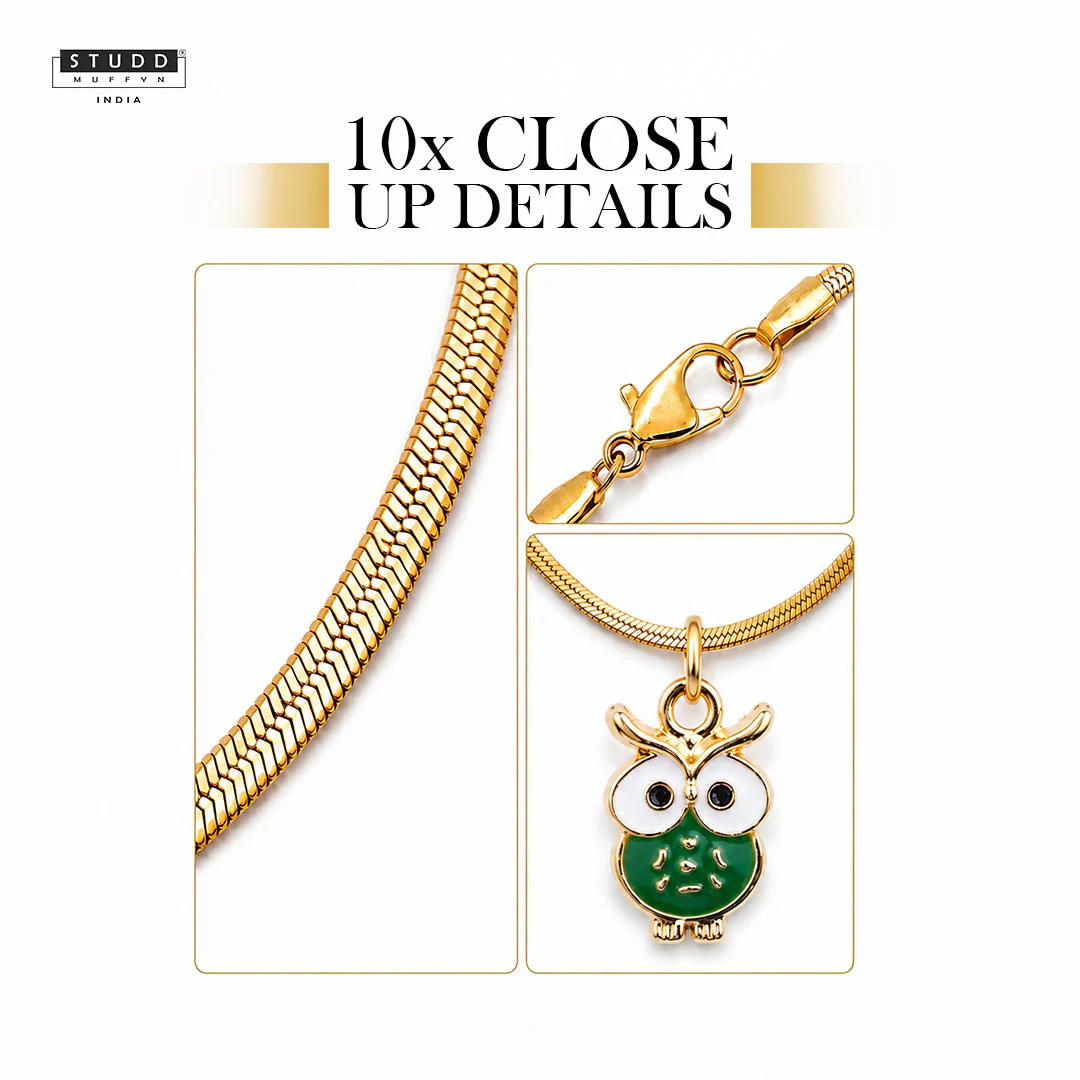 Green Owl Pendant - 24k Gold Plated [ With Chain ] - Image 4