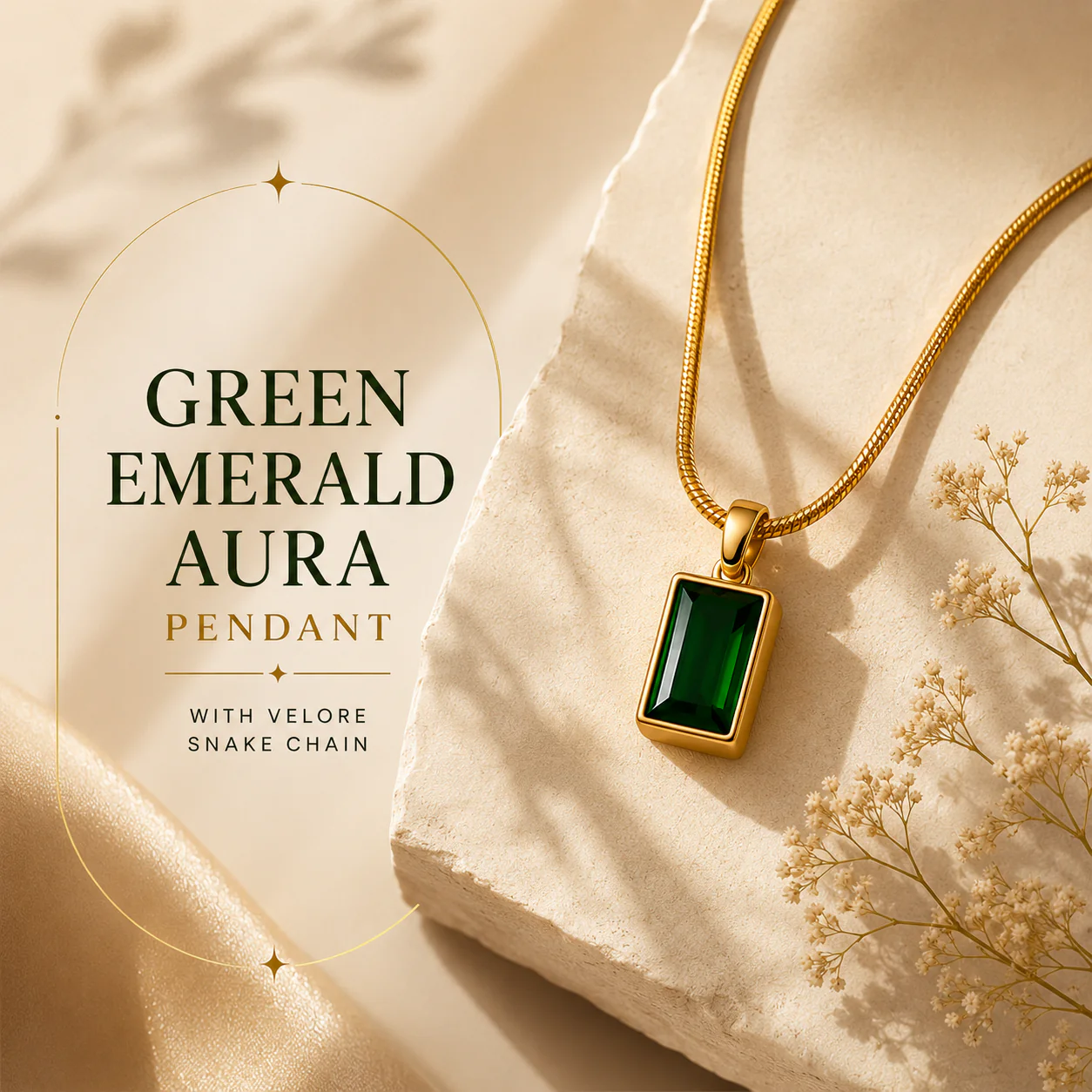 Green Emerald Pendant - 24K Gold Tone Chain