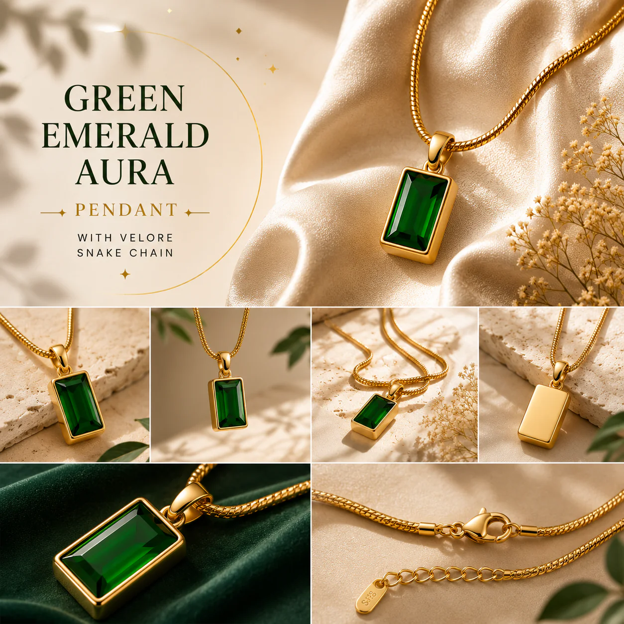 Green Emerald Pendant - 24K Gold Tone Chain - Image 2