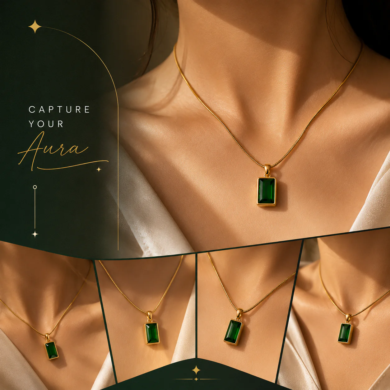 Green Emerald Pendant - 24K Gold Tone Chain - Image 3