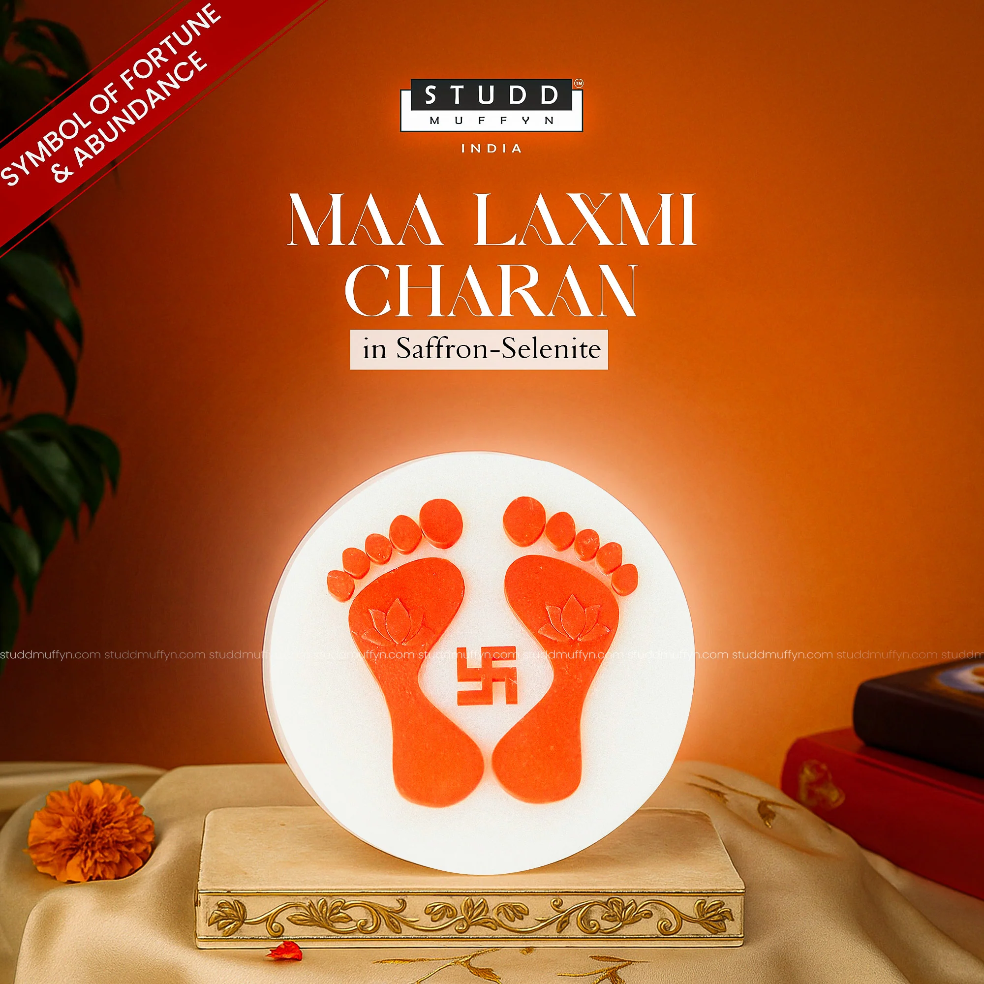 Maa Laxmi 3D Charan in Saffron-Selenite