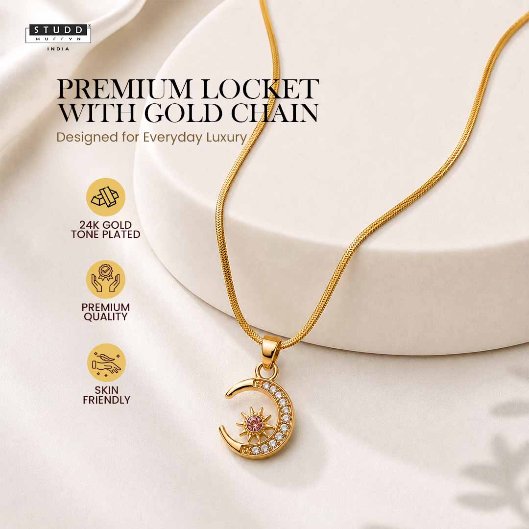 Half Moon Pendant - 24k Gold Tone Plated [ With Chain ] - Image 2