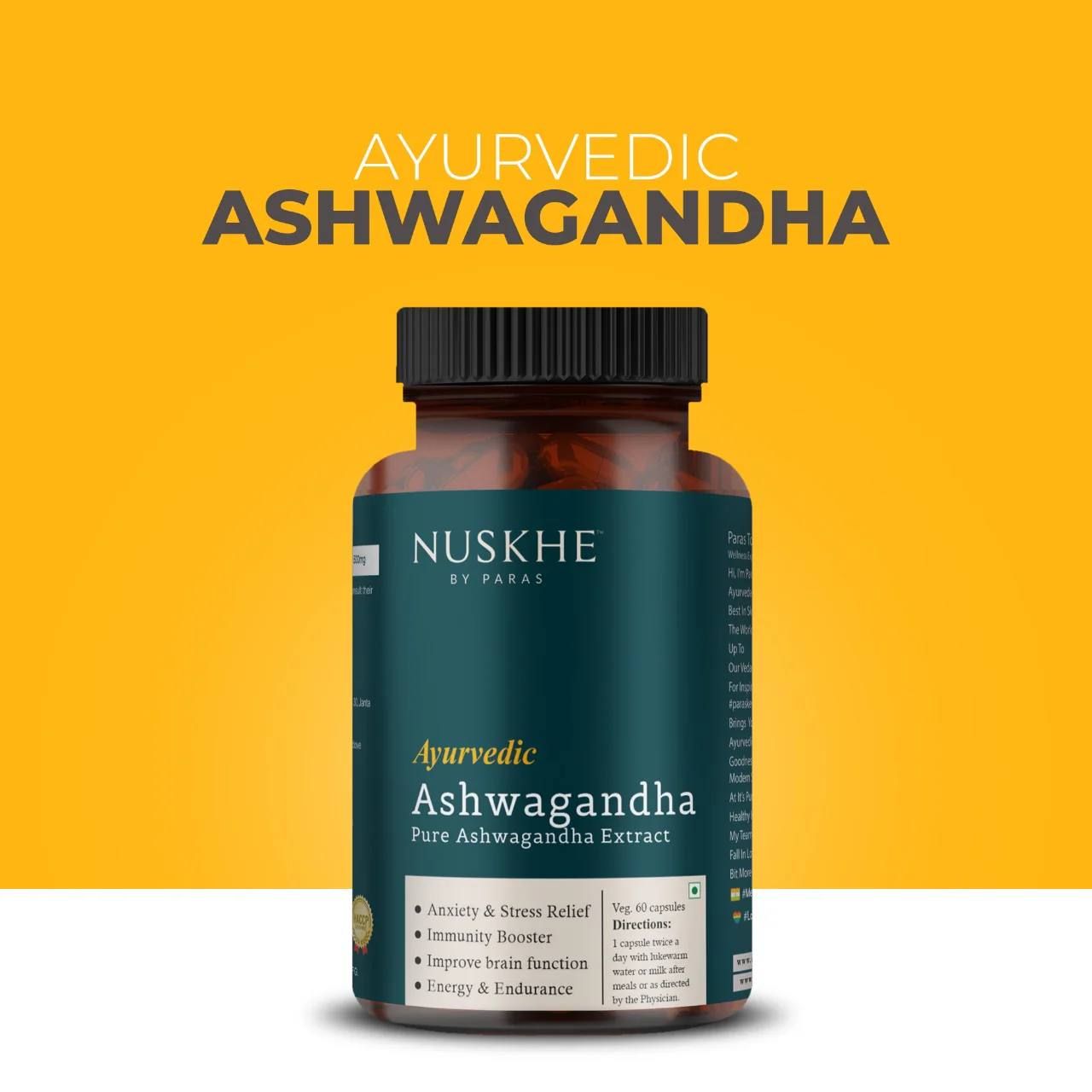 Nuskhe by Paras Ayurvedic Ashwagandha Pure Ext for Men and Women -60 Veg Capsules
