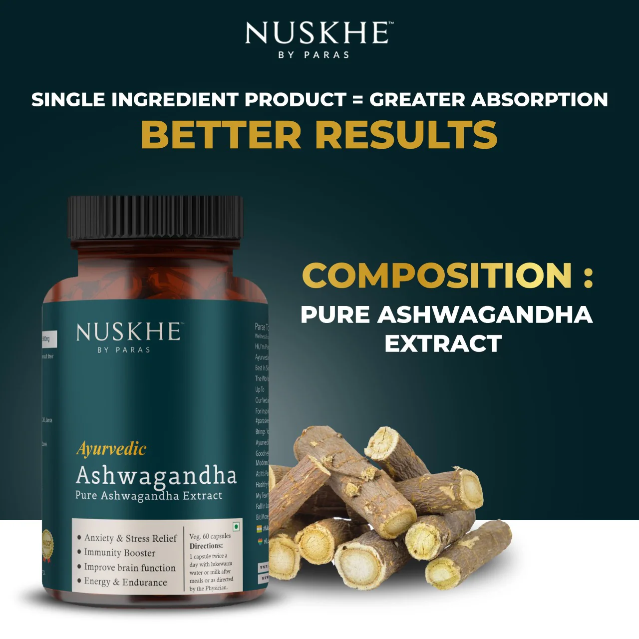 Nuskhe by Paras Ayurvedic Ashwagandha Pure Ext for Men and Women -60 Veg Capsules - Image 2