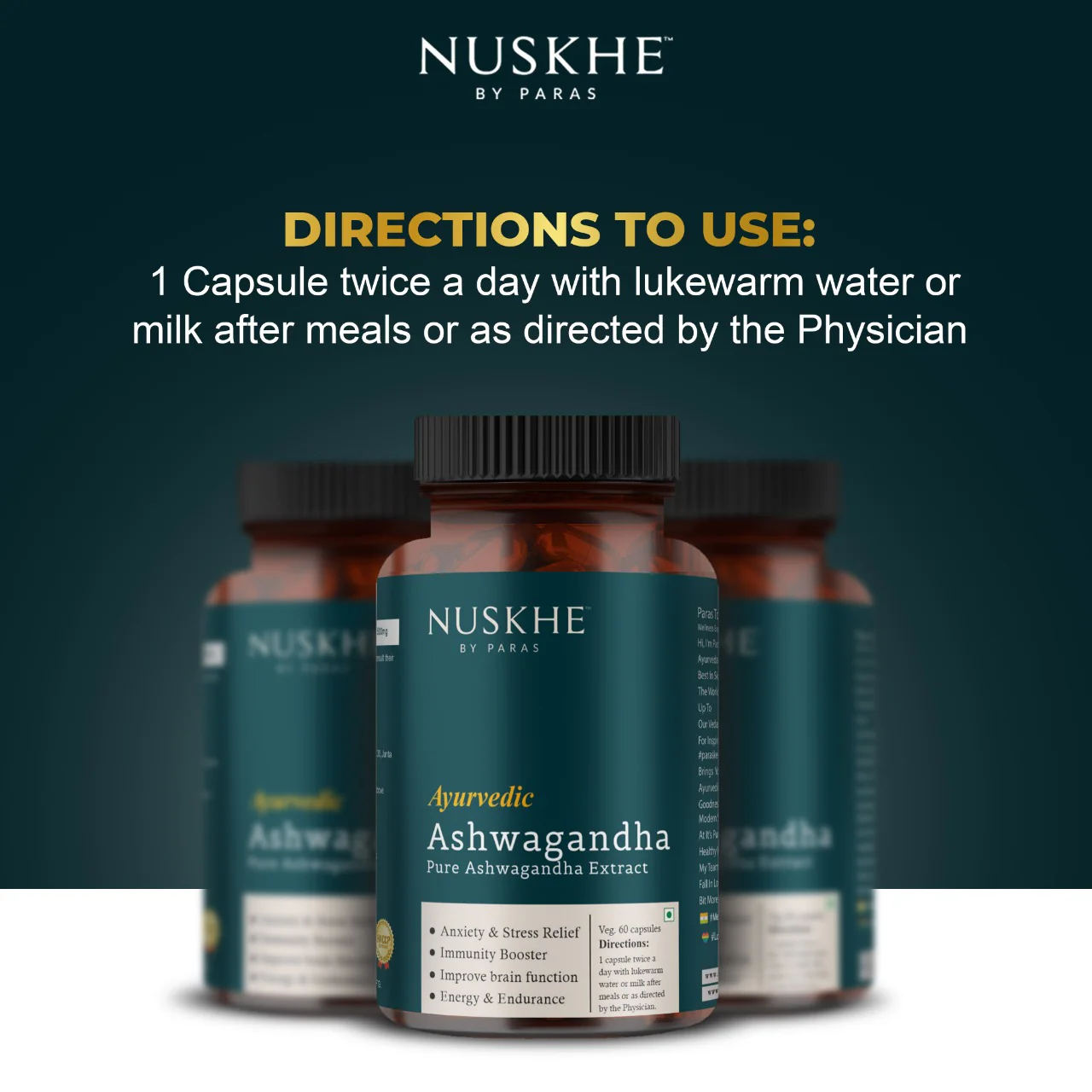 Nuskhe by Paras Ayurvedic Ashwagandha Pure Ext for Men and Women -60 Veg Capsules - Image 3