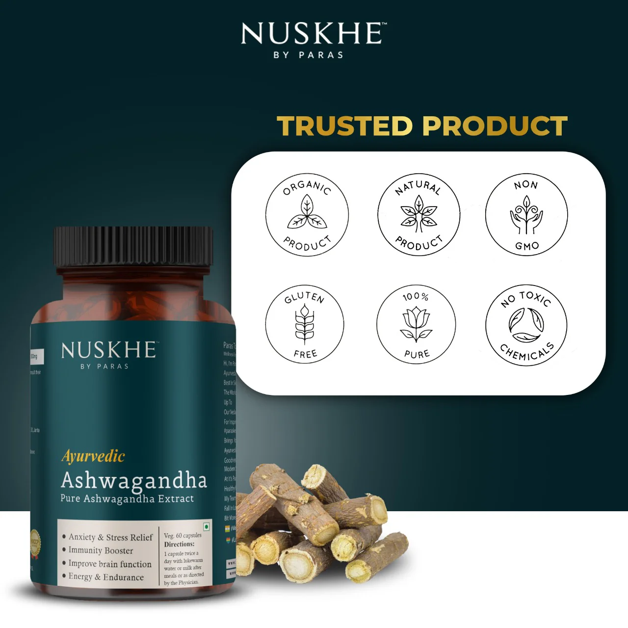 Nuskhe by Paras Ayurvedic Ashwagandha Pure Ext for Men and Women -60 Veg Capsules - Image 4