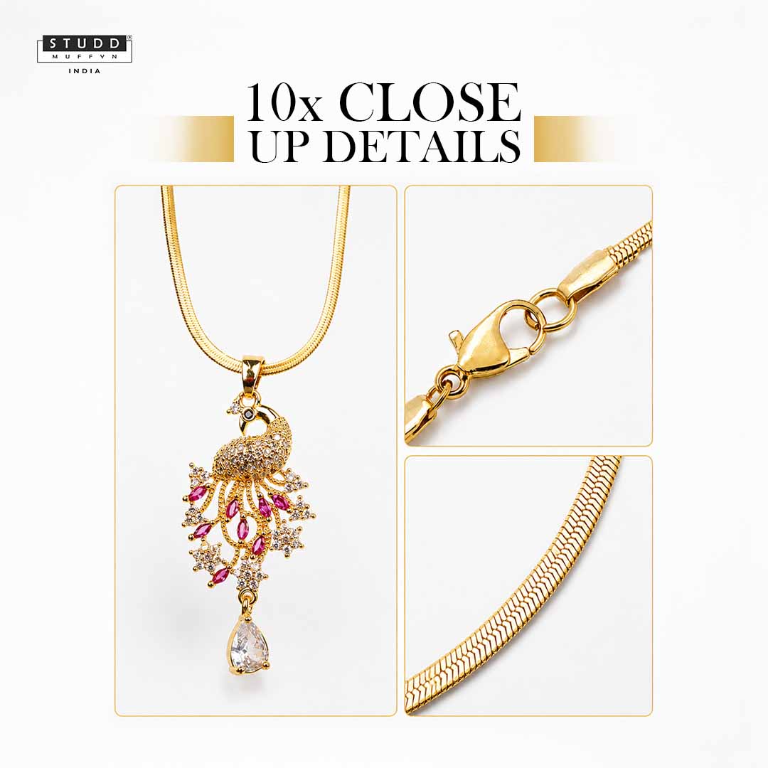 Peacock of Prosperity Crystal Pendant - 24k Gold Tone Plated [ With Chain ] - Image 5