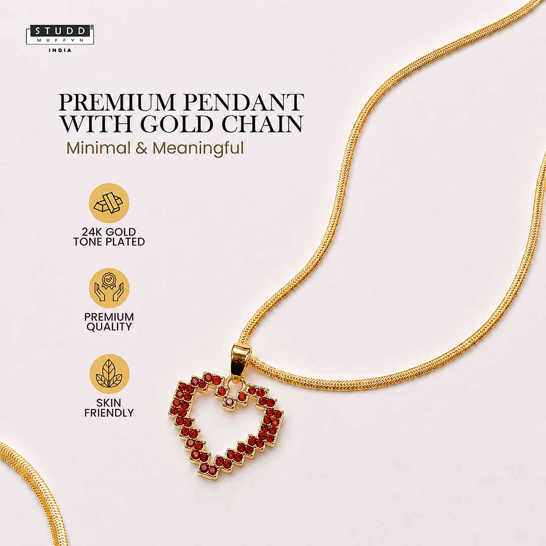 Red Heart Pixel Pendant - 24k Gold Tone Plated [ With Chain ] - Image 2