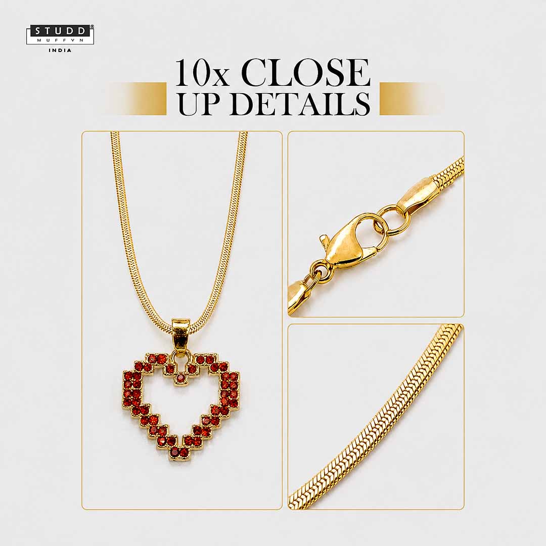 Red Heart Pixel Pendant - 24k Gold Tone Plated [ With Chain ] - Image 5