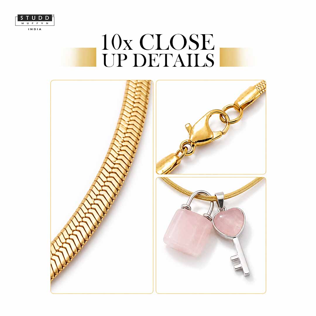 Rose Quartz Lock & Key Crystal Pendant With Chain - Image 5