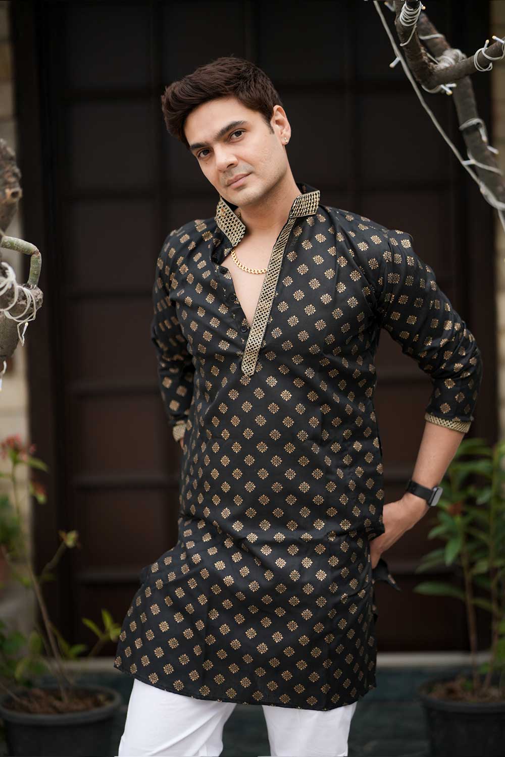 Royal Black Gold Block Print Kurta - Image 3