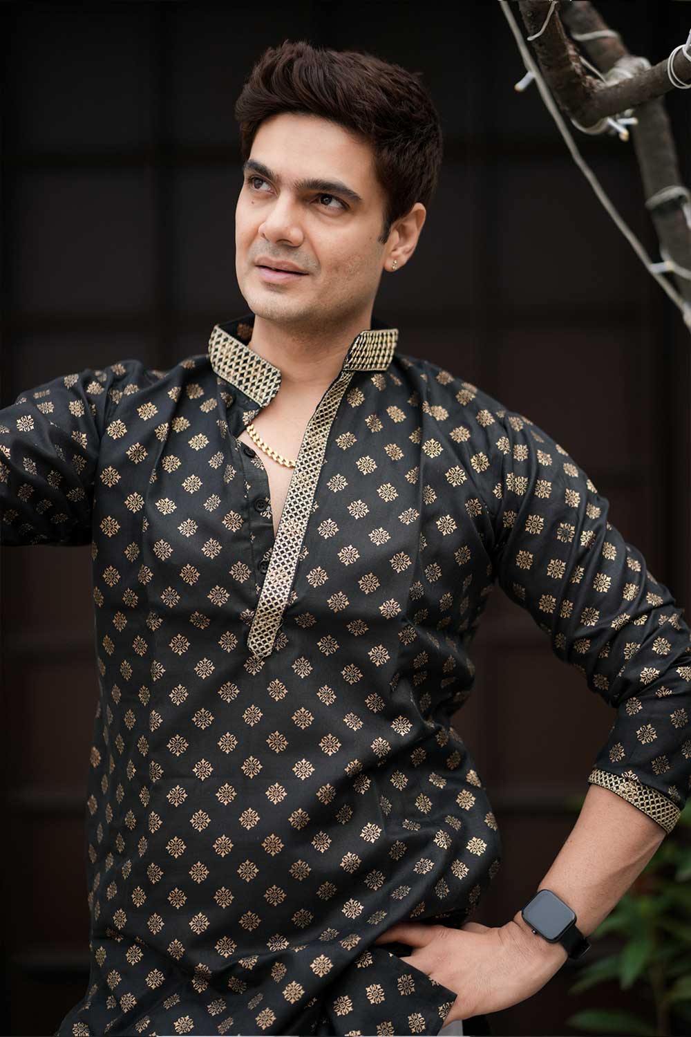 Royal Black Gold Block Print Kurta - Image 4