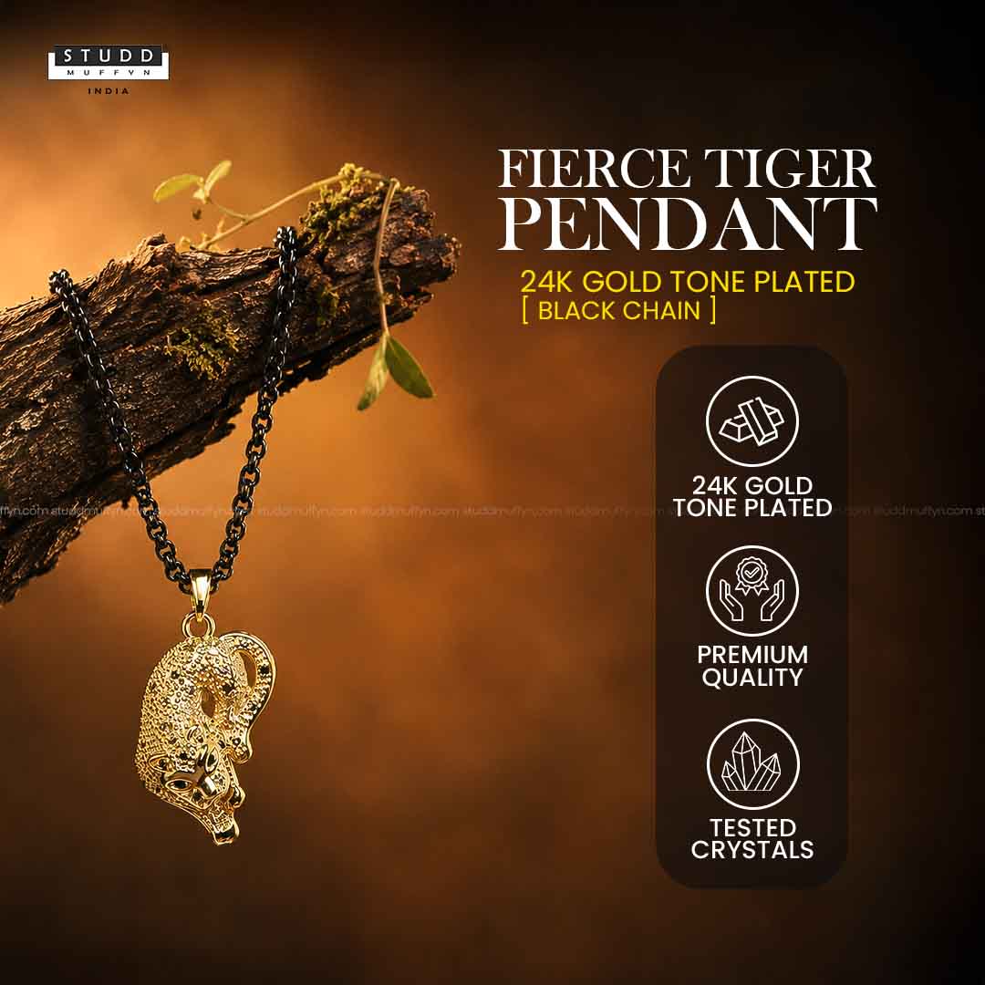 Fierce Tiger Pendant - 24k Gold Tone Plated [ Black Chain ] - Image 4