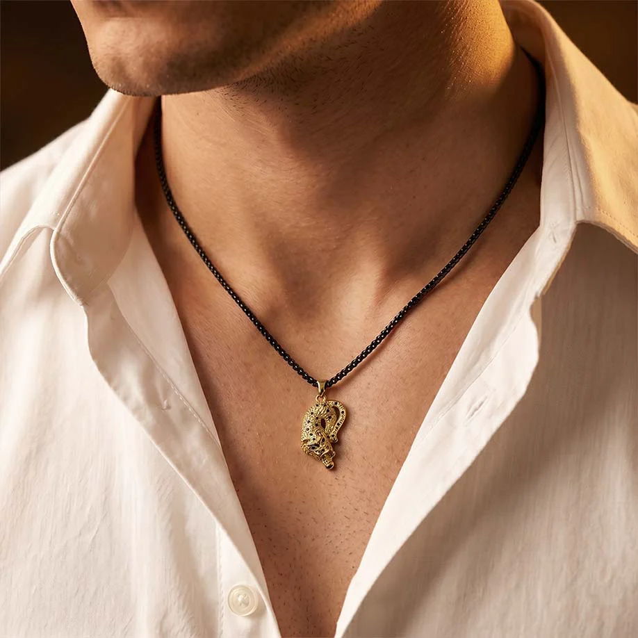 Fierce Tiger Pendant - 24k Gold Tone Plated [ Black Chain ] - Image 8