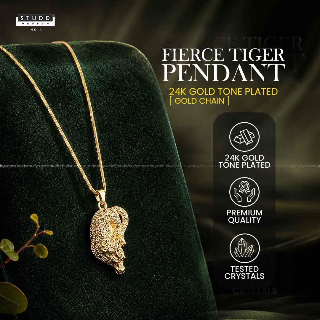 Fierce Tiger Pendant - 24k Gold Tone Plated [ Gold Chain ] - Image 3